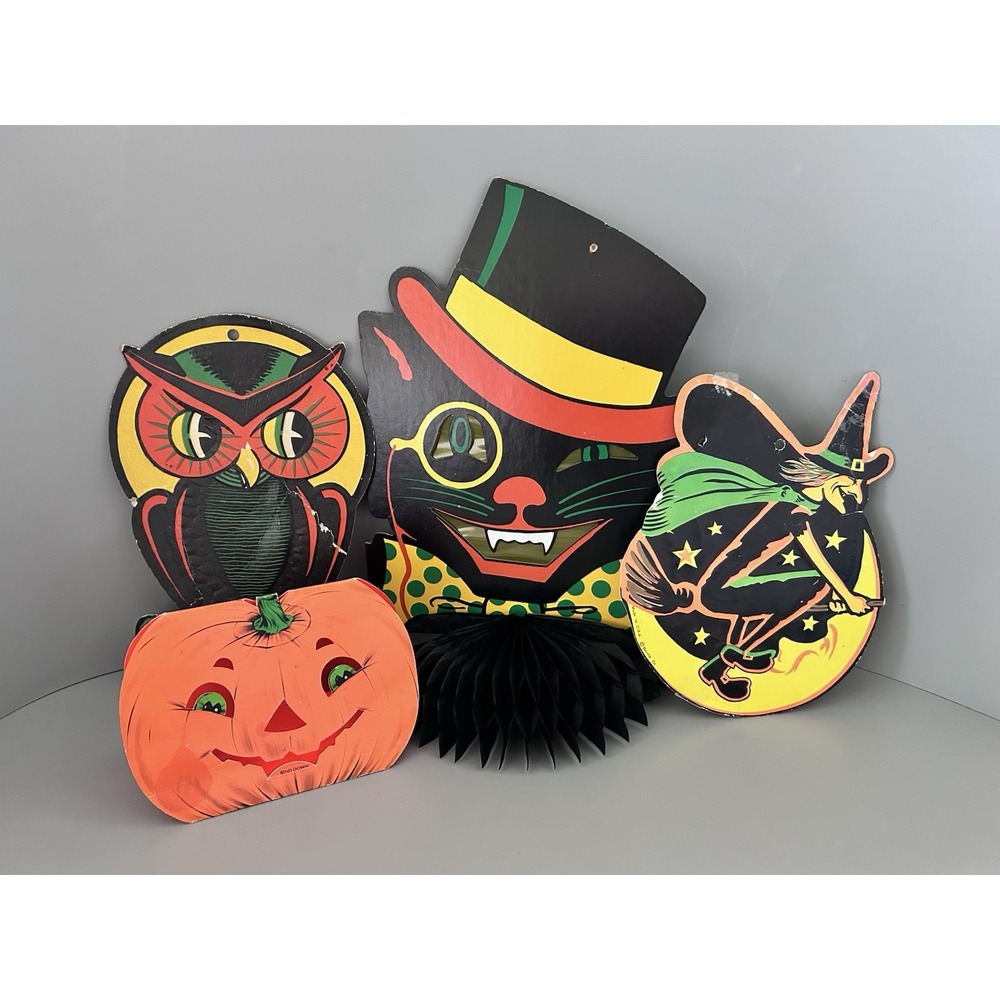 Halloween Die-cut Decorations Beistle Black Cat Witch Owl Norcross Pumpkin Card